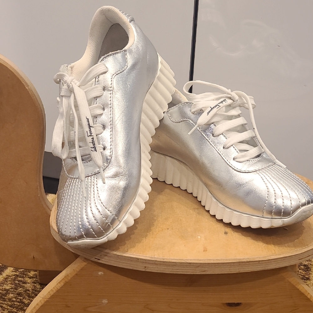 Salvatore Ferragamo Metallic Silver Sneakers